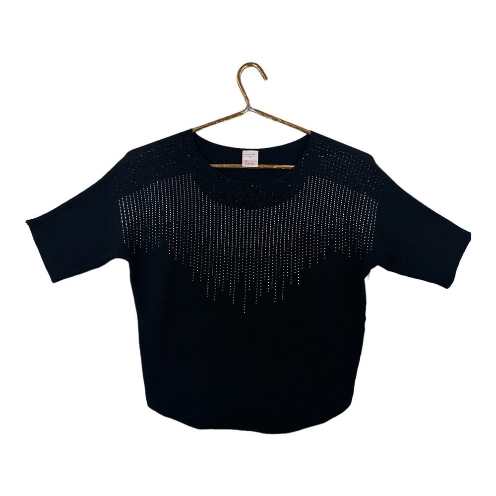 Luna Knit Top Women XL Black New Rhinestone Fringe Short Sleeve Cropped Sweater